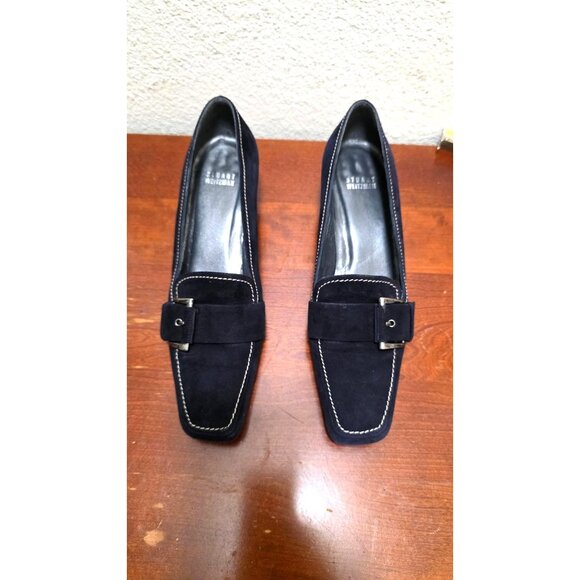 Stuart Weitzman Women's Navy Suede Loafers With Buckle Detail & Contrast Stitchi - Picture 2 of 9